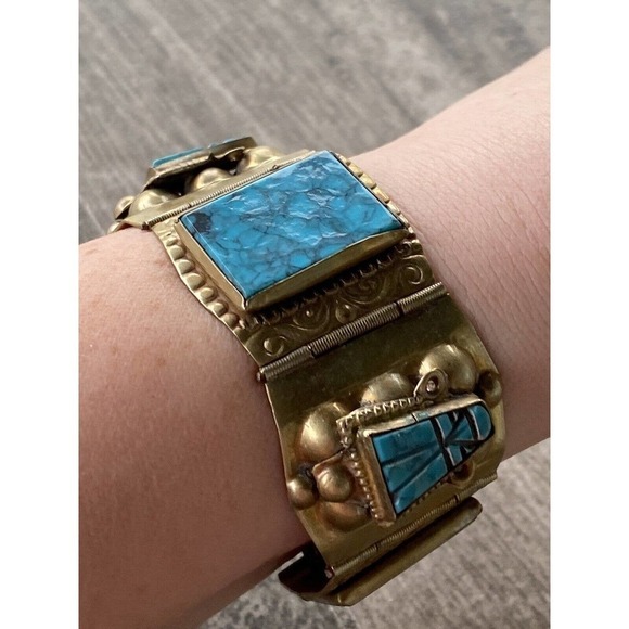 Mexico Bracelet Artisan Vintage Turquoise Like Pottery Inserts Brass 7” - Picture 14 of 16